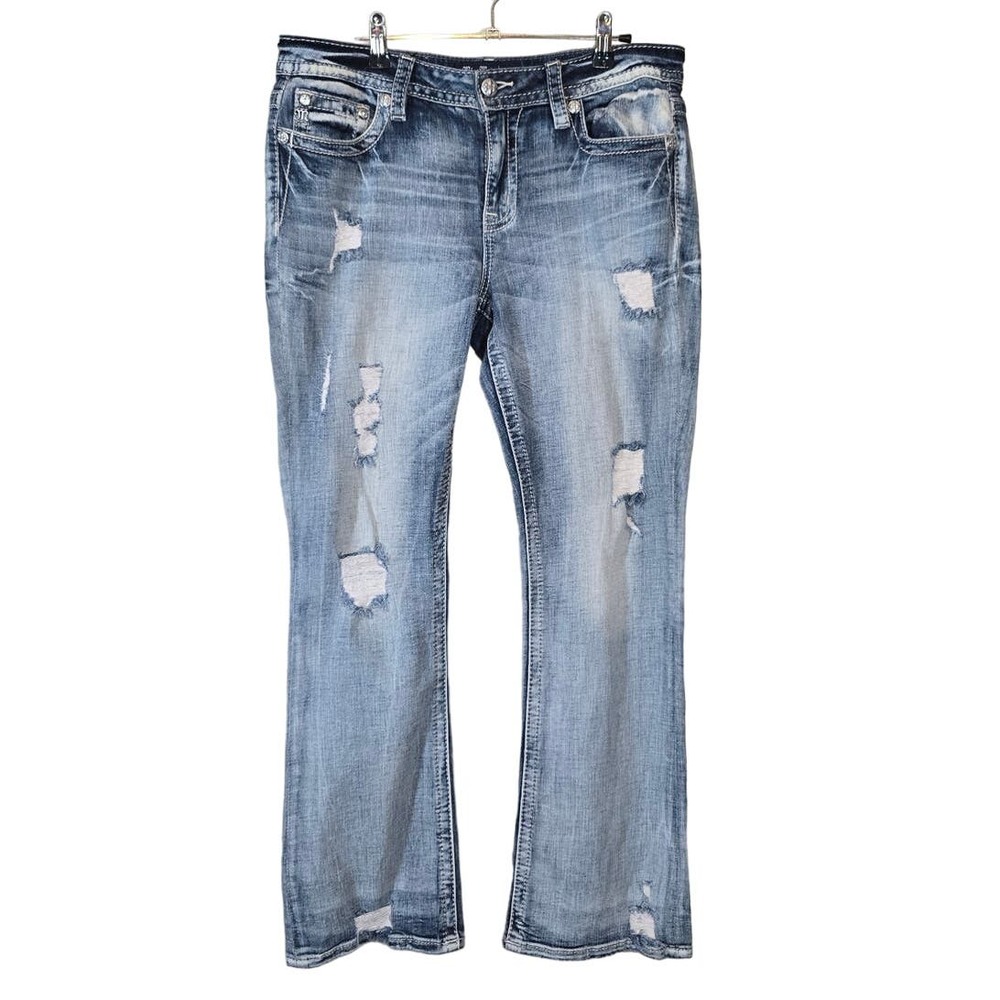 Miss Me Mid Rise Distressed Bootcut Jeans Embellished Pockets Light Wash Size 32